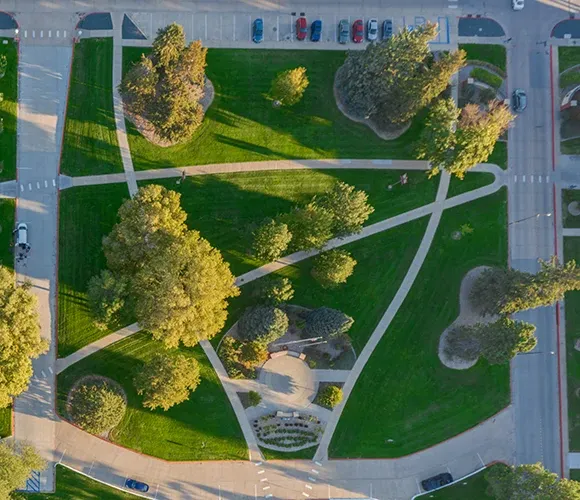 Overhead view of sidewalks and green space